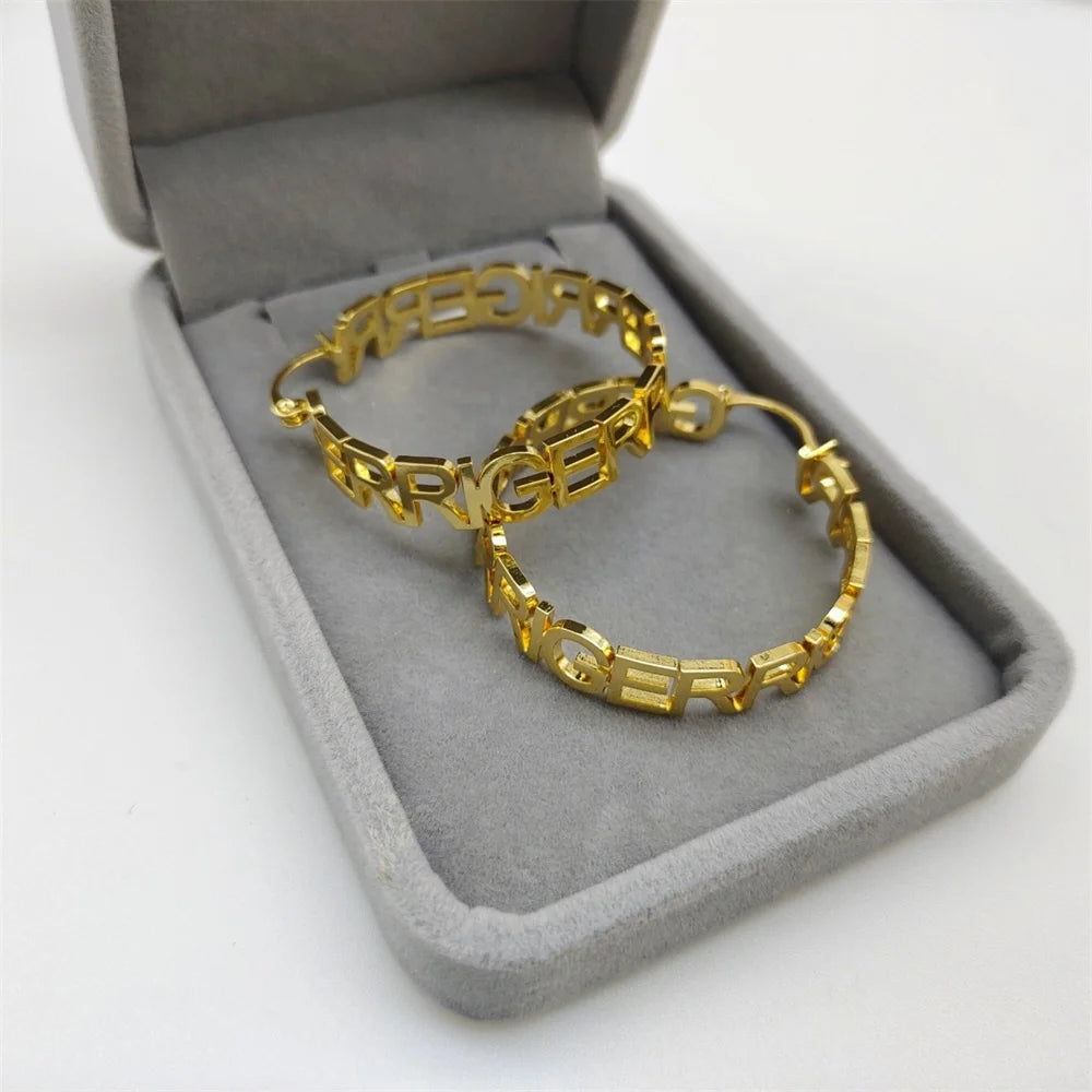 Lateefah OEM Stainless Steel Gold Plated Name Earrings Big Hoop Personalized Name Earrings