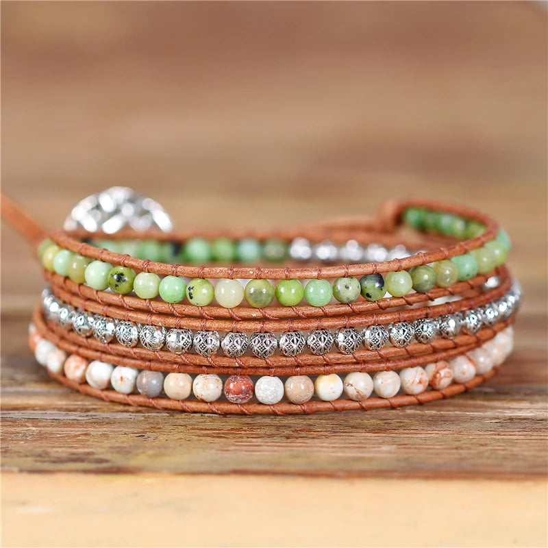 YueTong Boho Vintage Natural Stone Beaded Wrap Bracelet Yoga Multi Strands Beads Leather Bracelet High End Jewelry Wholesale