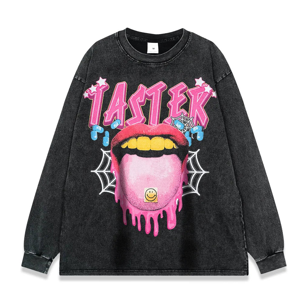Wholesale Customized 260g Heavyweight Knitted Retro Washed 3D Printed Black Long Sleeve T-shirt