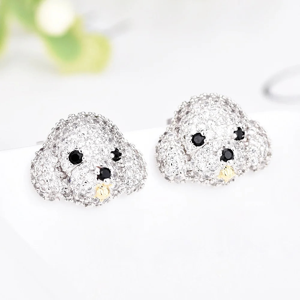 Brass Alloy with Rhinestone Beads Micro Paving Cute Animal Dog Puppy Bite Stud Earrings Women Earring Jewelry
