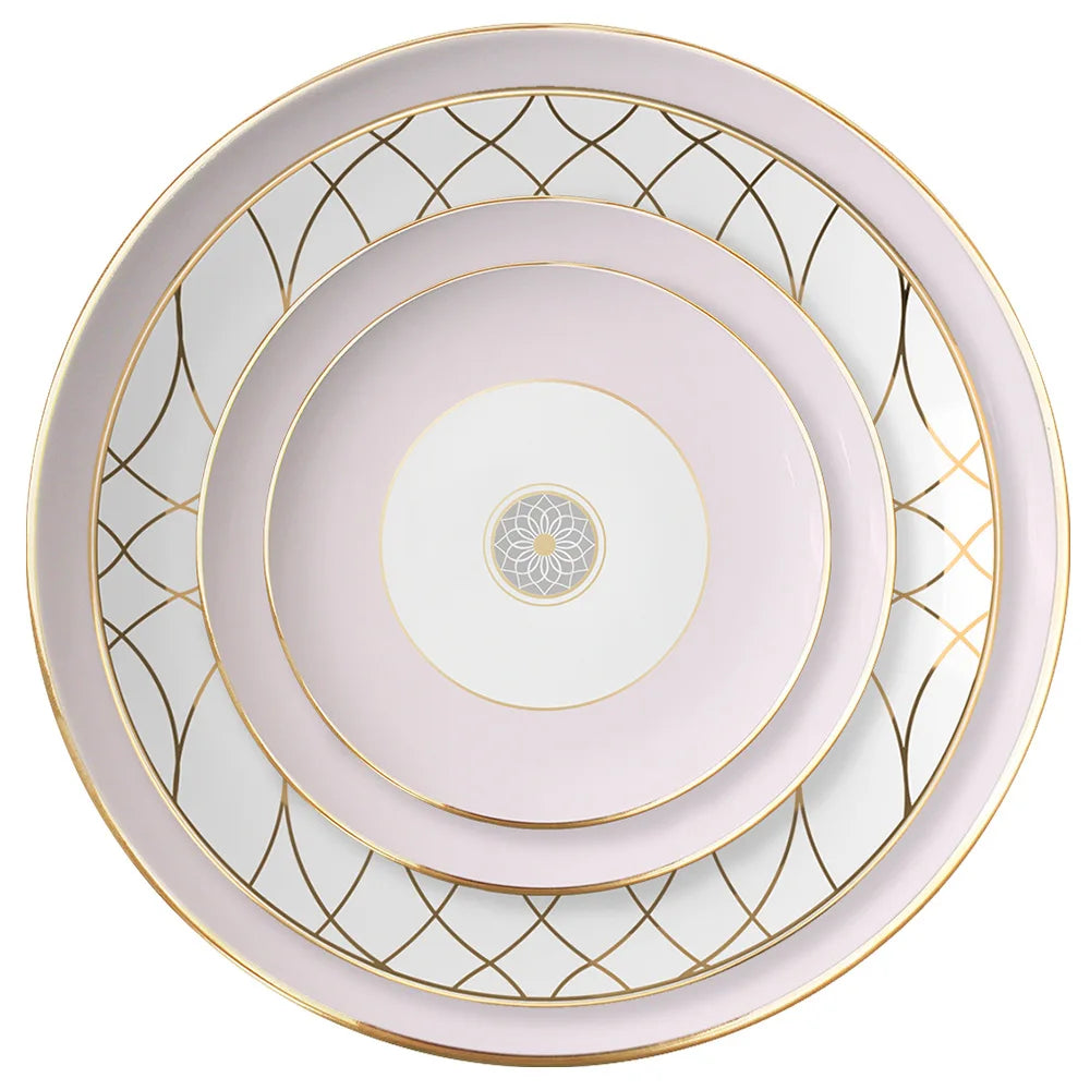 Luxury Pink and White Geometric Gold Line Ceramic Dinnerware Elegant Porcelain Plate Set for Fine Dining and Wedding Reception