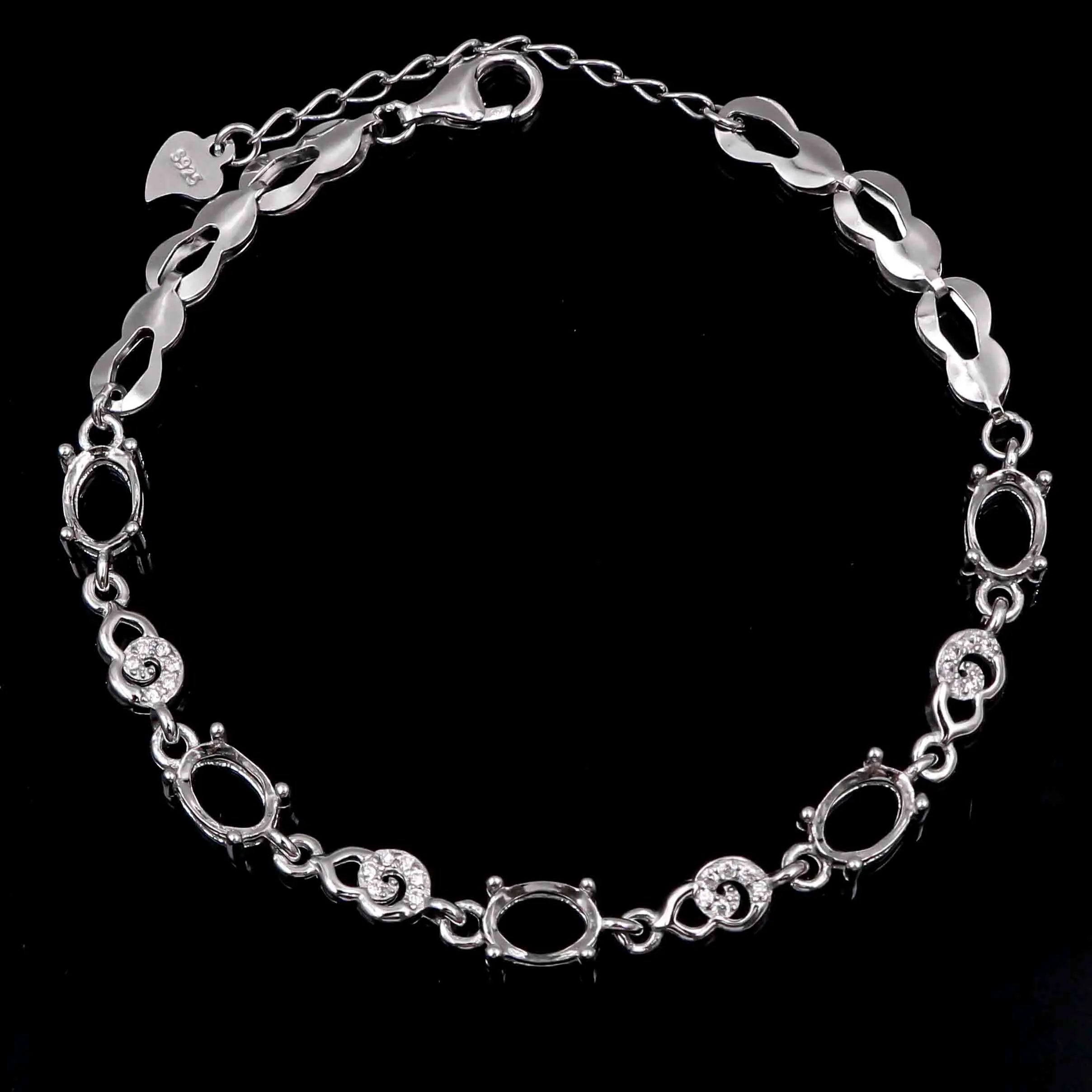 Sterling Silver 5*7mm Semi Mount Bracelet Empty Support Blank Claws Setting S925 Base Holder Without Center Stone Inlay for DIY