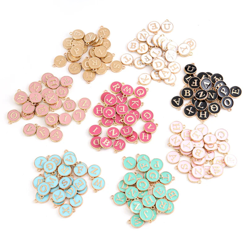 26pcs/set Double-sided Flat Round Alloy Letter Charms Enamel Charms Alphabet Initial Letter Pendants for DIY Jewelry Making