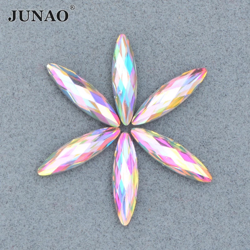 JUNAO 4*15mm Crystal AB Stones Non Hotfix Loose Rhinestones Horse Eye Acrylic Rhinestones for Nail Art