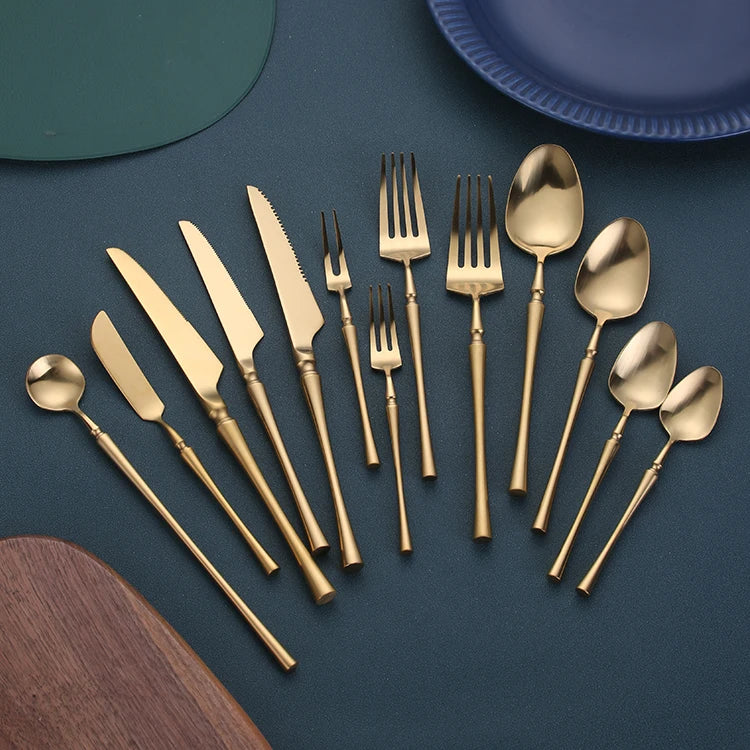 Luxury Restaurant Slim Waist Matte Gold Plated Stainless Steel 304 Flatware Set Minimalist Design SLD Brand Model 6019 Wedding