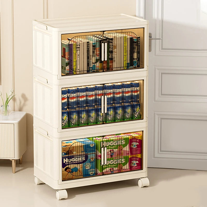 Sesame Fold & Stack Multifunctional Storage Bin Magnetic Door Open Collapsible Cabinet PP Plastic Box With Wheels