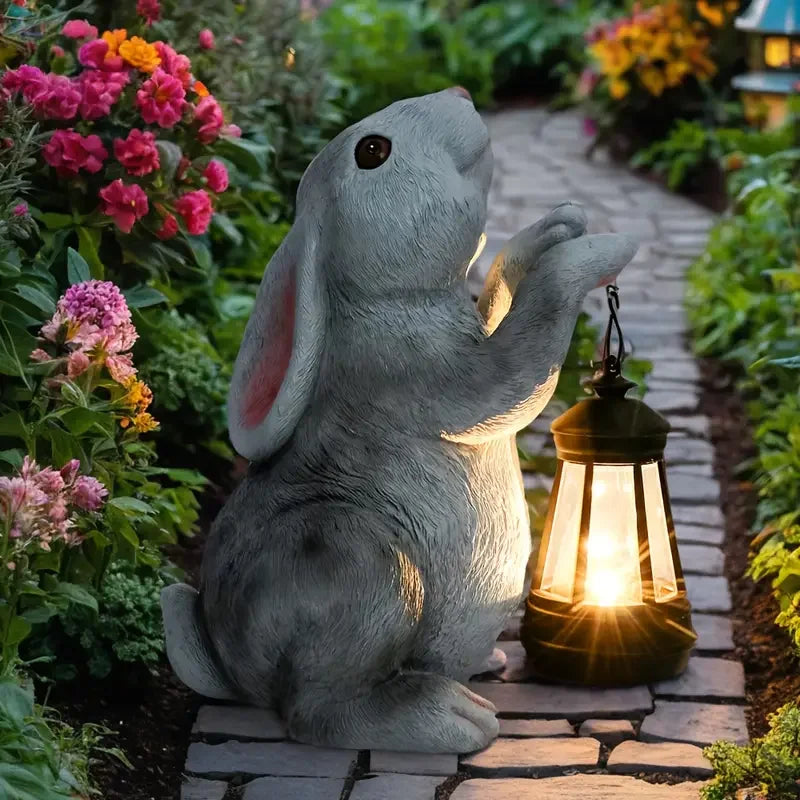 Resin Solar Gray Rabbit Lantern Figurine - Ideal for Gardeners Perfect for Gardens/Yards/Patios Whimsical Illuminating Decor