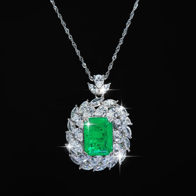 Luxury 925 Sterling Silver Flower Inlay Ice Cut 5A CZ Zircon Emerald Pendant Necklace for Women Mother Birthday Gift