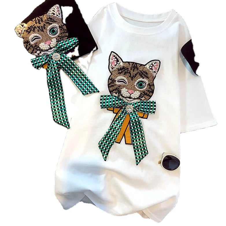 Women Casual Tee Beading T-shirt Summer Lazy Cat Diamond-studded Beaded Cat Bow Mid-Length Short-sleeve T-shirt