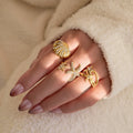 Dazan Winter New HOT Ins 18k PVD Gold Plated Stainless Steel High End Vintage Starfish Zircon Ring Set Warm Holiday Jewelry