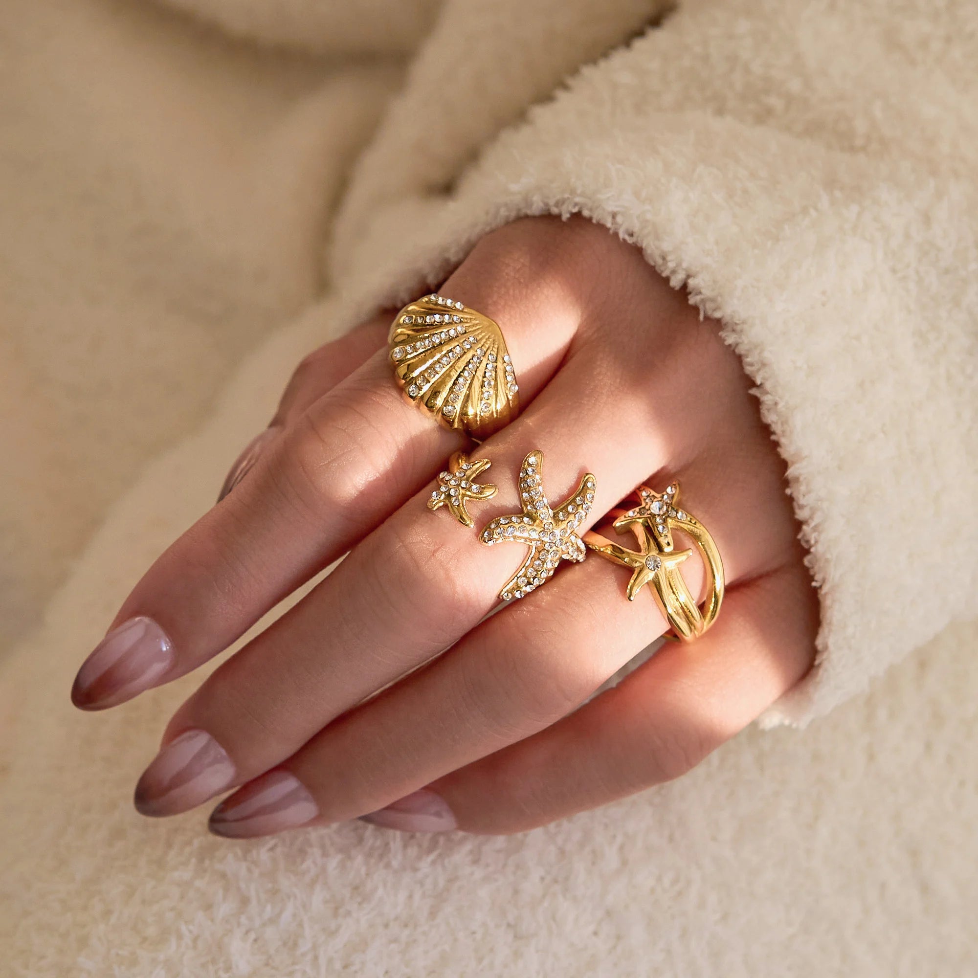 Dazan Winter New HOT Ins 18k PVD Gold Plated Stainless Steel High End Vintage Starfish Zircon Ring Set Warm Holiday Jewelry