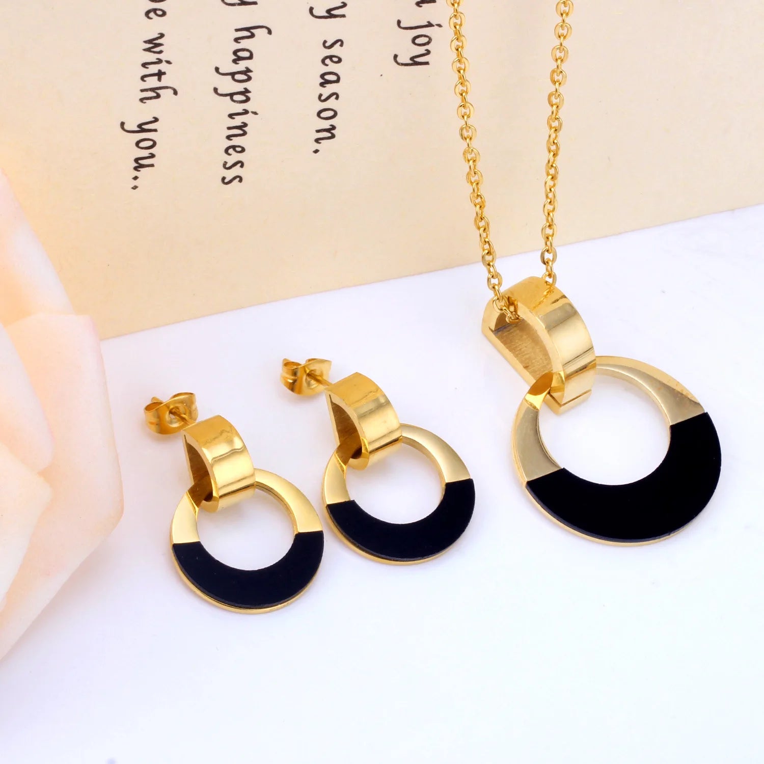 RisingMoon Luxury Waterproof Stainless Steel Necklace Round Pendant 18K Gold Plated Earrings Zircon Jewelry Sets for Ladies