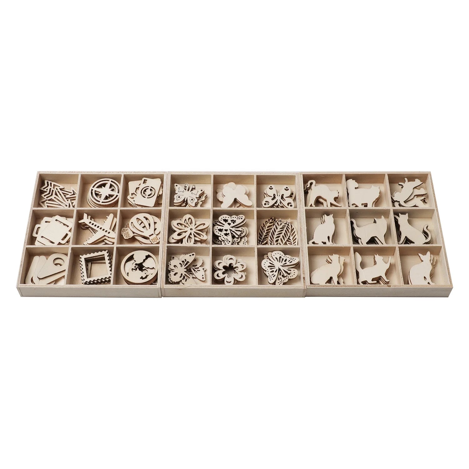 28321 Wood Shapes Box 45pcs Eco-friendly Laser-Crafted Wooden Elements 104x104mm 9 Unique Designs Tabletop Decor Shrinking