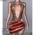Ocstrade Vestidos Robes De Club Sparkly Rose Gold Rhinestone Costume Dress Custom Hollow Out Mini Bodycon Dress Slim Party Club