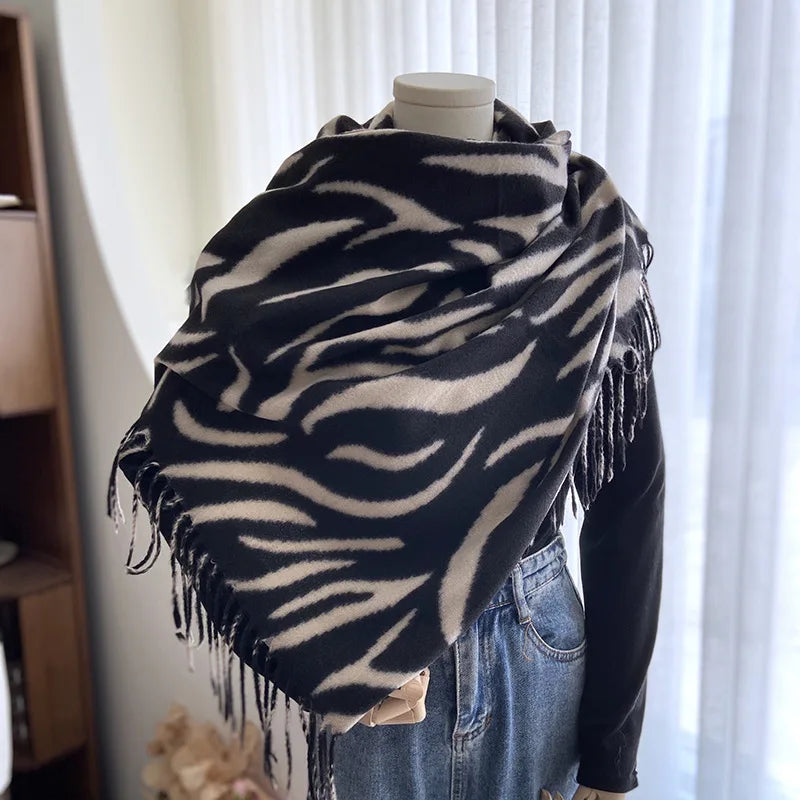 2025 Autumn Winter Women's Long Polyester Scarf New Striped Printed Tassel Shawl Warm for Adults-Europe & US Wholesale