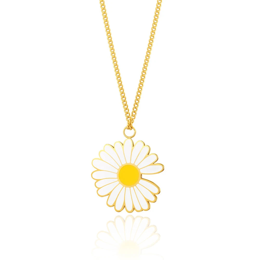 Stainless Steel 18K Gold Plated Waterproof Sunflower Enamel Link Chain Cute Wedding Gift Necklace for Women