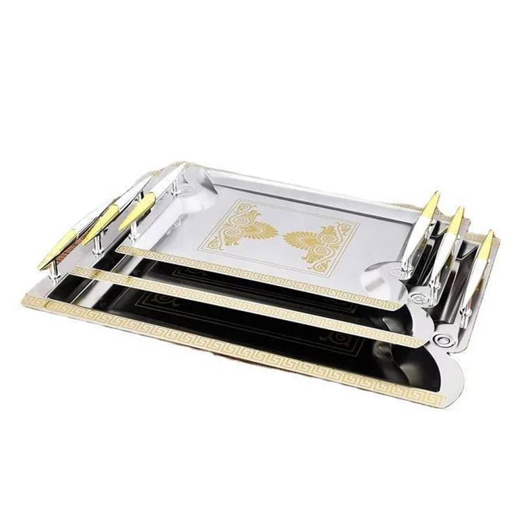 Luxury Design Home Party Decorative Rectangular Stainless Steel Arabic Coffee Cake Food Serving Tray With Handles