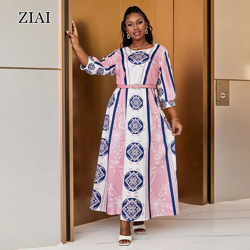 Stitching Long-sleeved Striped Dress Printed Round Neck A-line Large Swing Dress Reception Party