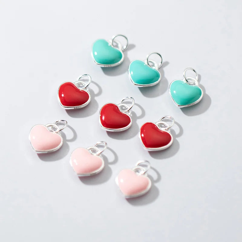 10mm Solid 925 Sterling Silver Pink/Blue/Red Enamel Heart Charm Pendant for Jewelry Making