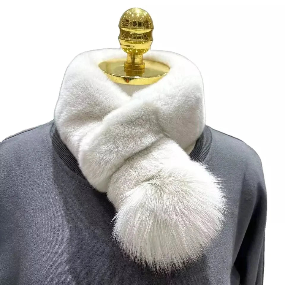MWfur Winter Women Short Style Fur Muffler Collar Scarf With Fox Pompom Full Fur Gift Rex Rabbit Fur Scarf for Girls