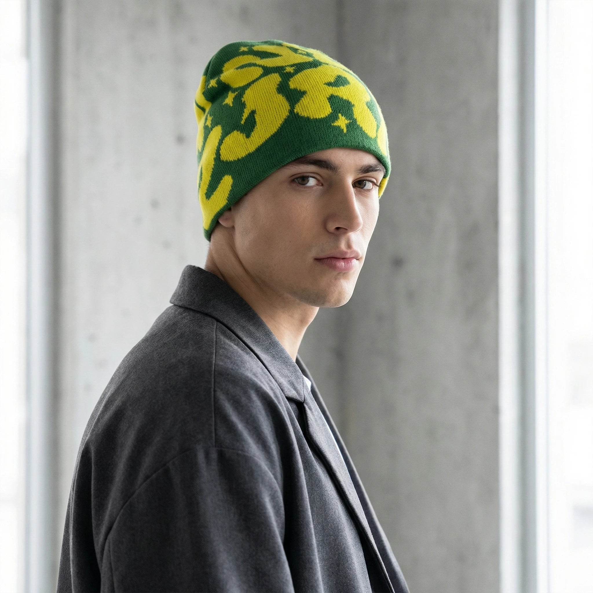 Fashion Winter Warm Beanie with Satin Lining Custom Logo Print Jacquard Knit Streetwear Cuffless Skull Cap Beanie Hat for Unisex
