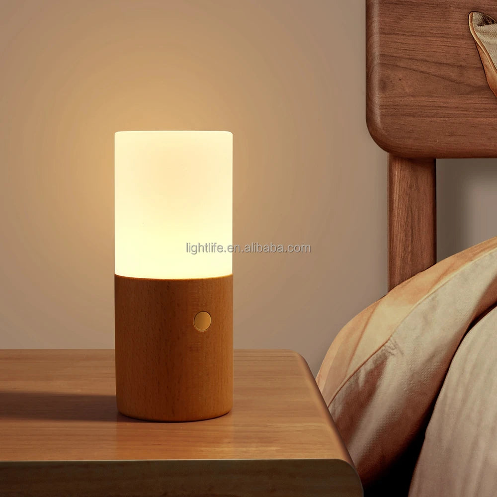 RGB Color Changing Night Light Rechargeable Wooden Table Lamp Frosted Glass Warm Light for Bedroom Living Room Kids Room