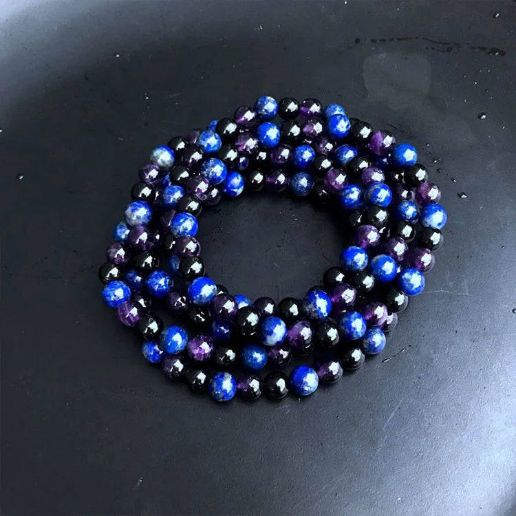 Genuine Natural Black Tourmaline Lapis Amethyst Gemstone Healing 8mm Crystal Round Bead Stretch Bracelet Fashion Stone