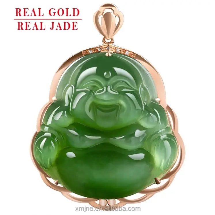 Certified Grade a Cat Eye Spinach Green  Hetian Jade Green Jade Buddha Pendant 18K Rose Gold Pendant Natural Men and Women