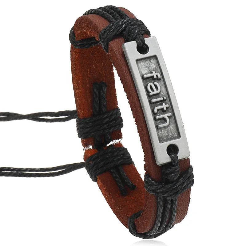 Wholesale Vintage Jewelry Cowhide Bracelet "faith" Letter Handmade Woven Alloy Charm Jewelry