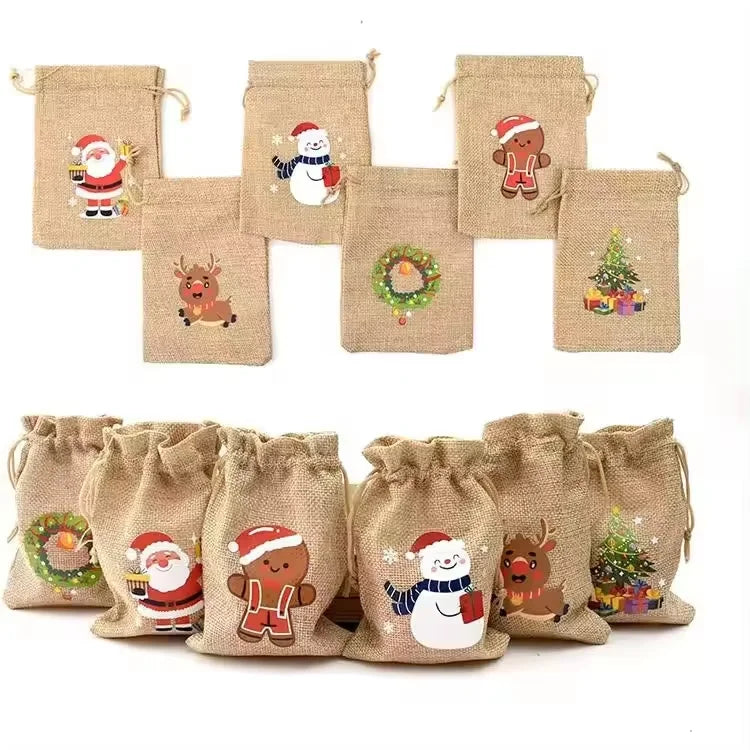 Christmas Drawstring Burlap Jute Gift Bags for Candy and Other Holiday Presents Shopping Bag