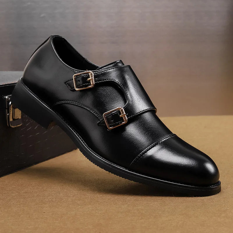Mens Leather Shoes Daily Thick Bottom Low Cut British Style Business Solid Color Commuting Retro Formal Shoes Buckle Loafers