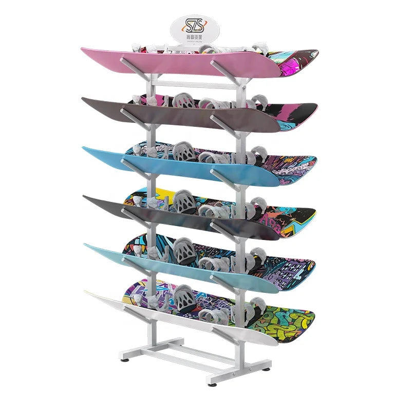 Display Stand White Metal Snowboard Custom Logo Displaying Stand 1set with Fright Display Rack for Sample of Wood Scooter