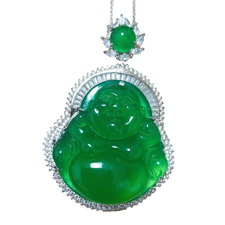 Certified Chalcedony Maitreya Buddha Pendant Inlaid Emperor Green Maitreya Buddha Pendant Jadeite Maitreya Buddha Necklace