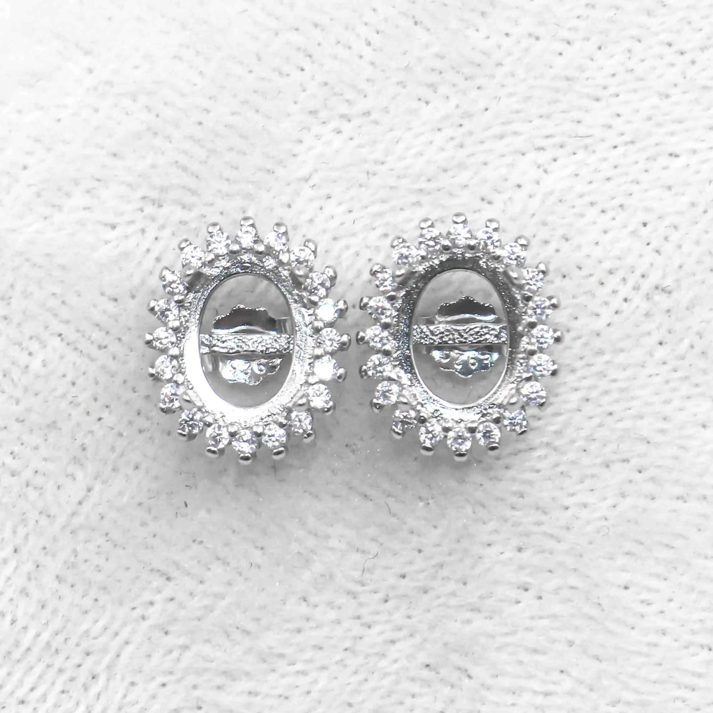 Sterling Silver 6*8mm Semi Mount Stud Earrings Empty Support Blank Claws Setting S925 Base Without Center Stone for DIY Inlay