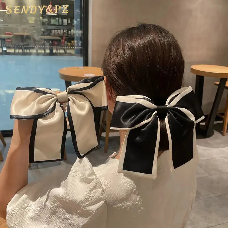 Fashion New Design Big Bow Hair Ties Satin Two Layer Bowknot Black Scrunchies Girl Elastic Hairbands Hair Accessories