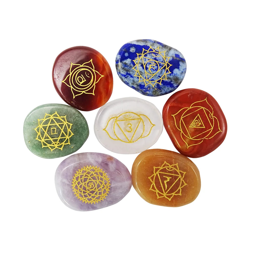 Seven Chakra Stones Reiki Healing Crystal With Engraved Chakra Symbols Holistic Balancing Polished Palm Stones Set of 7