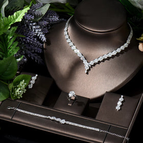 HIBRIDE Fashion Leaf Design 4pcs AAA CZ Women Bridal Wedding Jewelry Set Earring Necklace Set Parrure Bijoux Femme Mariage N-119