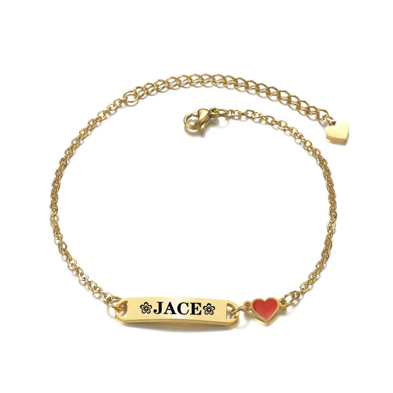 Stainless Steel Red Enamel Heart Custom Engraved Name Bracelet