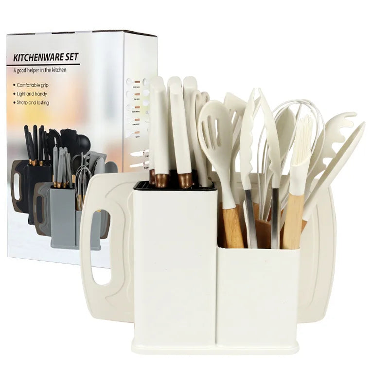 Promotion 19 Pieces Silicone Kitchen Cooking Utensils Set with Wooden Handle 19pcs Utensil Set for Cooking