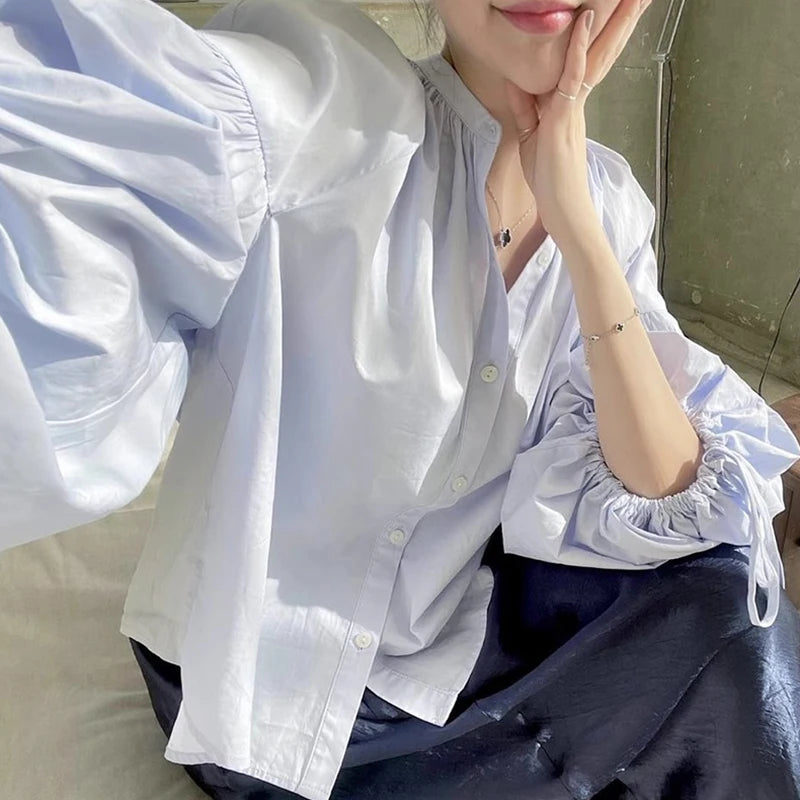 Boutique Wholesale 2026 Autumn Design Round Neck Lace up Loose and Versatile Lantern Sleeve Women's Shirt