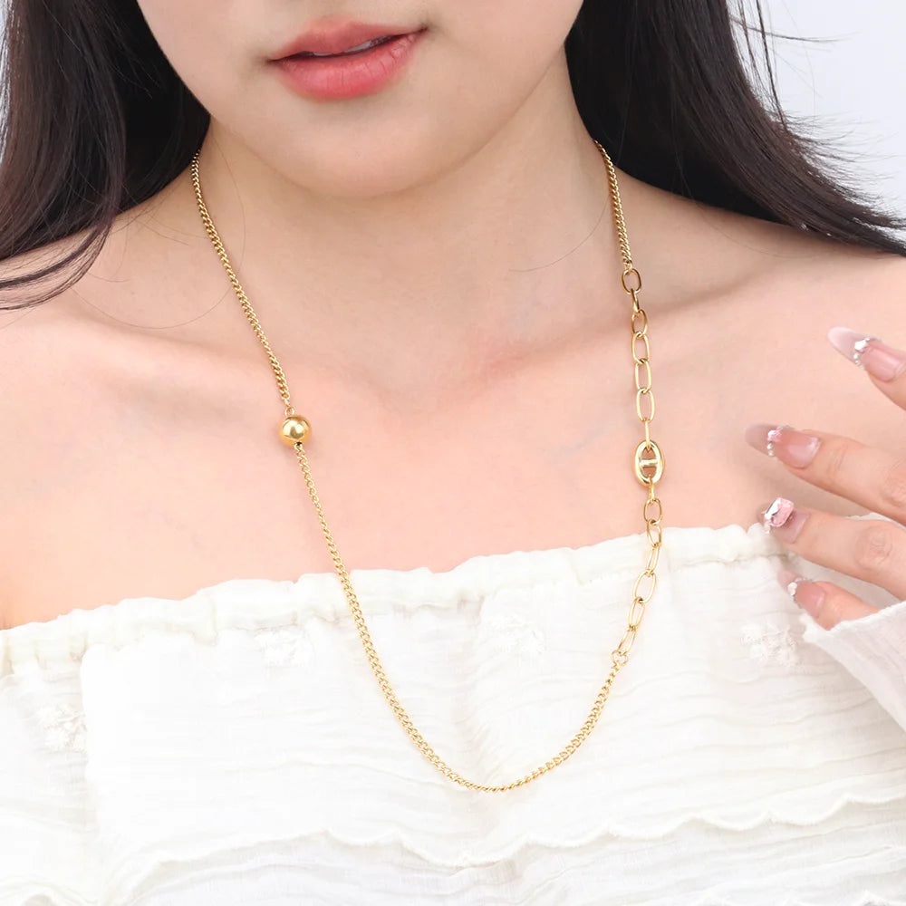 Chris April Fashion Jewelry PVD Gold Plated 316L Stainless Steel Matching Chains Style Sweater Chain Necklace for Fe
