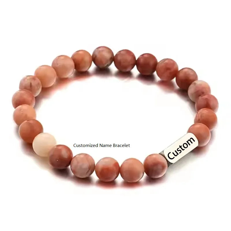 Personalization Laser Engraved Custom Name Natural Stone Beaded Bracelet