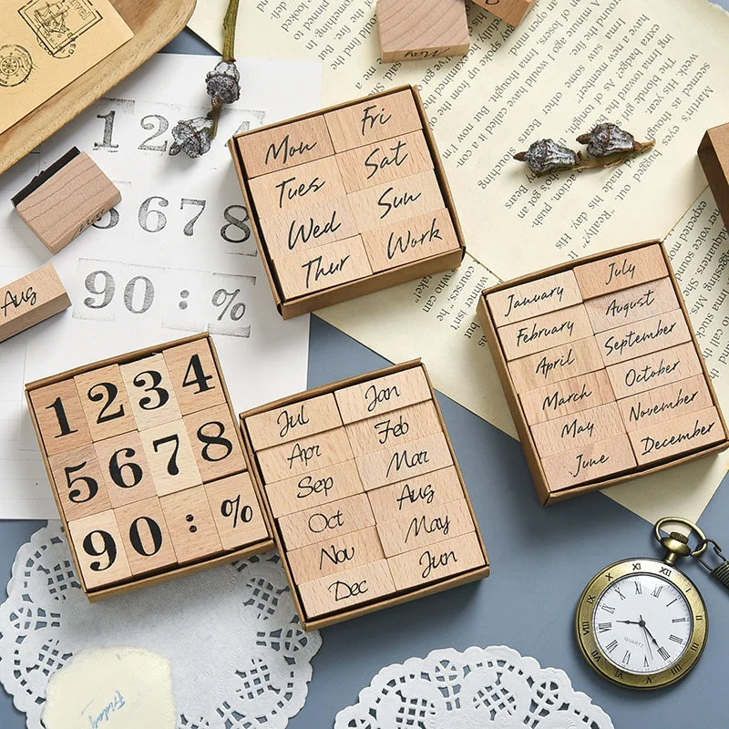 Classic School Student Kids Craft DIY Wood Stamps Set Journal Diary Planner Decorative DIY Time Stamps Set Stationery