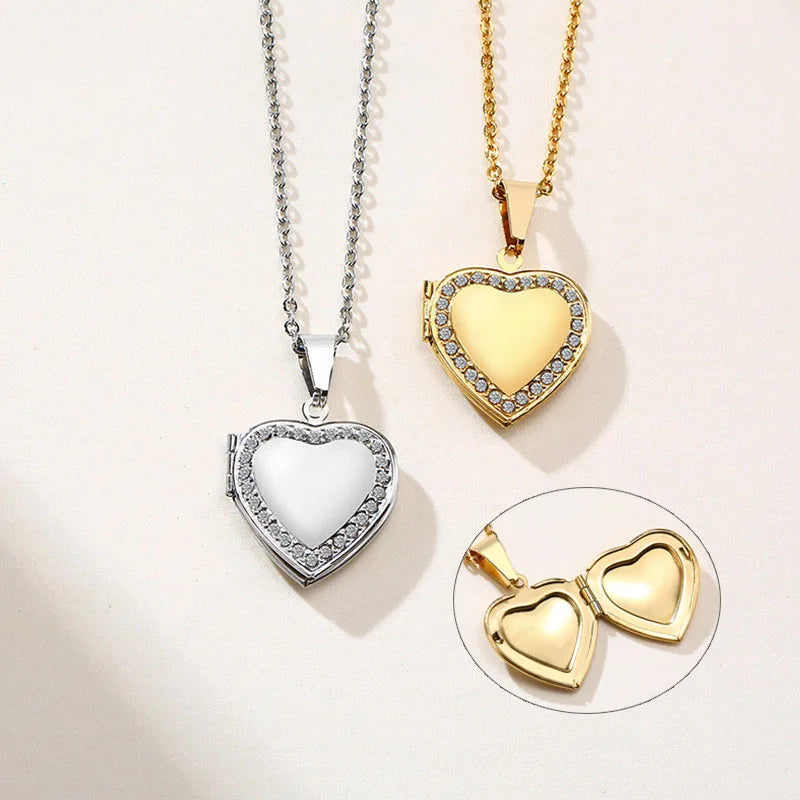 Fashion Jewelry 18K Gold Plated Open Picture Locket Necklace Stainless Steel Inlaid Zircon Heart Shape Photo Locket Necklace