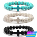 Wholesale Cheap 8MM Semi-precious Stretch Stone String Jewelry Turquoise Beaded Christian Bracelet Men with Cross Bracelet