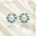 High-End 9.5-10mm Natural White Freshwater Pearls Emerald Sunflower Sutd Earrings for Women High End Freshwater Pearl Earrings