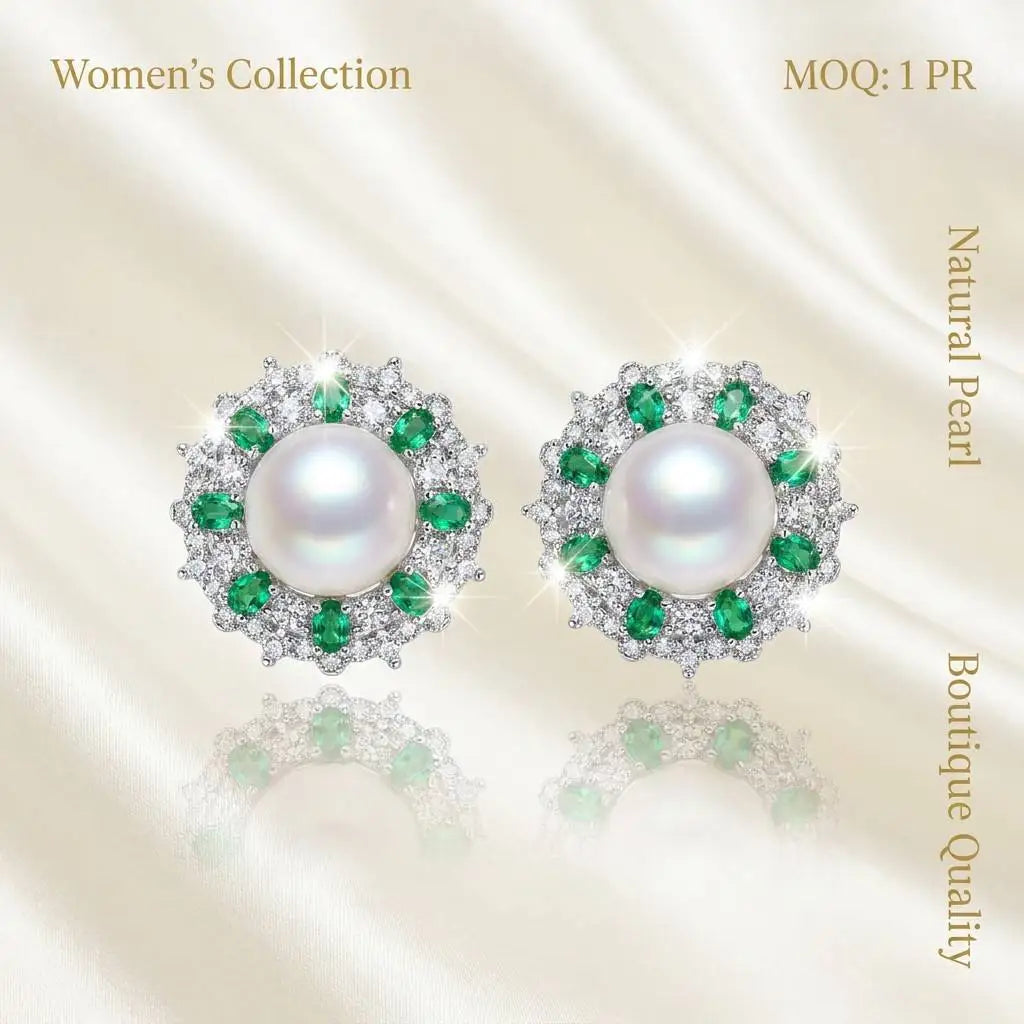 High-End 9.5-10mm Natural White Freshwater Pearls Emerald Sunflower Sutd Earrings for Women High End Freshwater Pearl Earrings