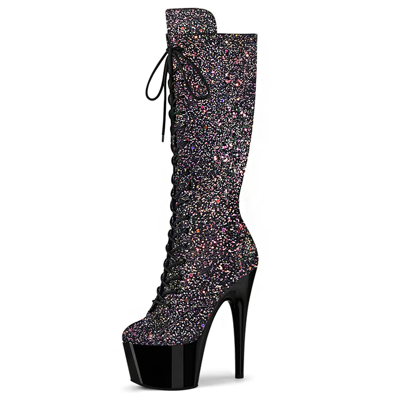Bling Sequin Thin Heel Transparent Boots Nightclub 17cm High Heels Steel Tube Pole Dance Boots Thigh High Boots Platform Fetish