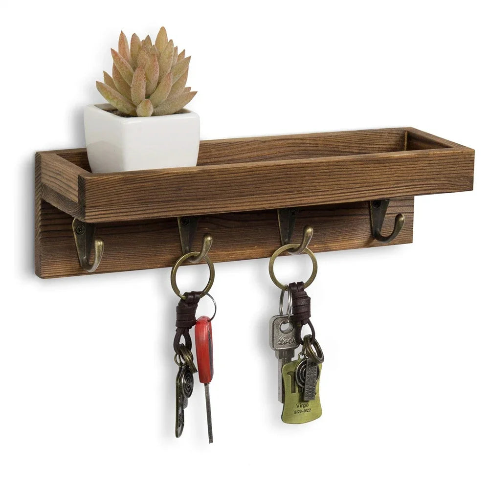 Wooden Key Holder for Wall With Hooks Entryway Decor Rustic Floating Shelf with 4 Metal Key Hooks Hanging Leash Sunglasses Keys MegaBDM