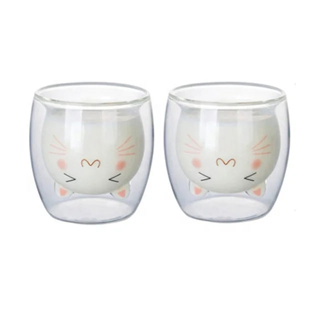 Cute Beer Cat Juice Milk Drinking Double Wall Glass clear Water Coffee Mug with Handle Cup